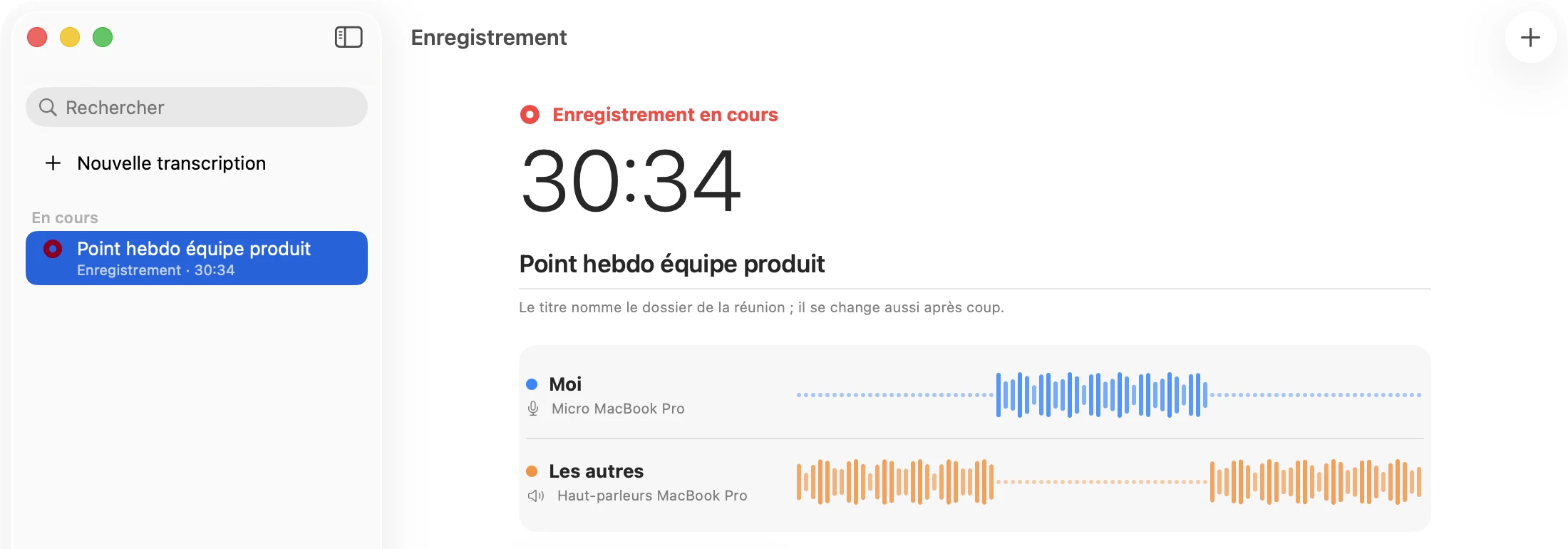 Un enregistrement en cours : le chronomètre, le titre de la réunion et deux ondes, bleue pour Moi et orange pour Les autres, qui alternent.